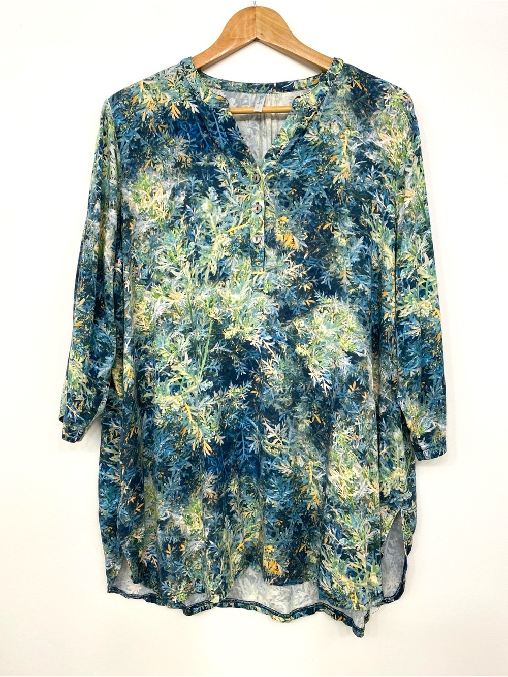 Blue Sky Clothing Fair Trade Botanical Tunic Blouse Blue Green V-Neck Women’s L